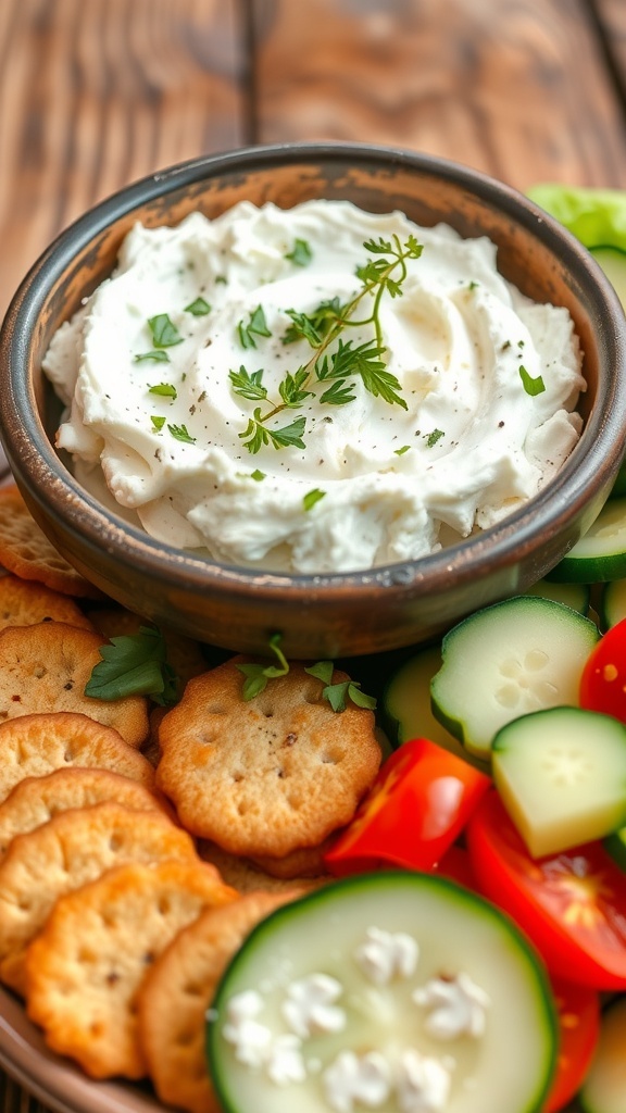 A bowl of creamy feta cheese spread with herbs, served with crackers and vegetables on a wooden table.